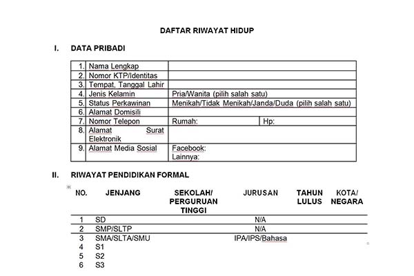 Daftar Riwayat Hidup Untuk Cpns